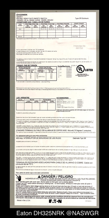 Eaton DH325NRK Heavy Duty Safety Switch - 400A/240V/3P4W/N3R - Unused