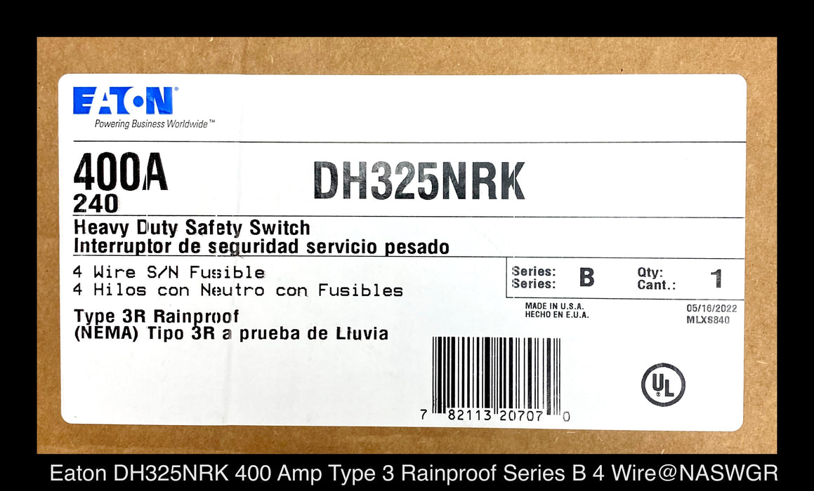 Eaton DH325NRK Heavy Duty Safety Switch - 400A/240V/3P4W/N3R - Unused
