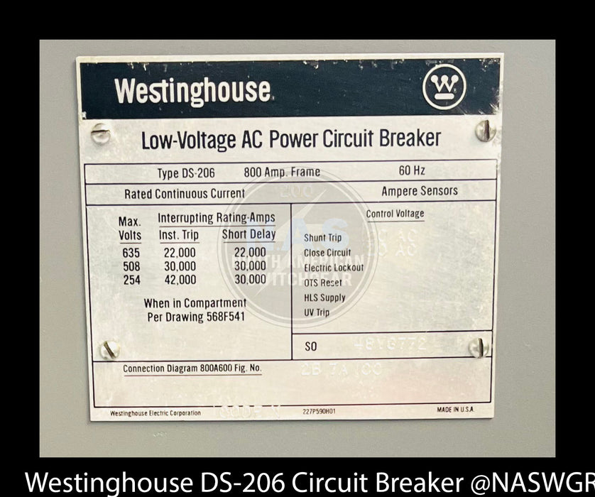 Westinghouse DS-206 Circuit Breaker (E,D/O) - 800 Amp