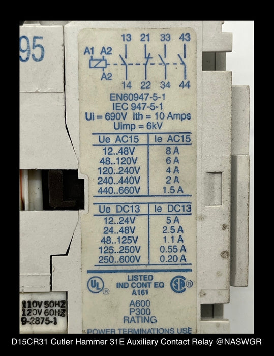 D15CR31 ~ Cutler Hammer D15CR31 31E Auxiliary Contact Relay
