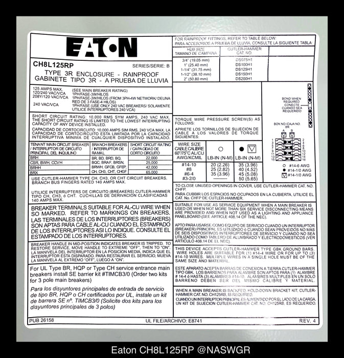 Eaton CH8L125RP Outdoor Main Lug Loadcenter - 125A/240V/N3R - Unused