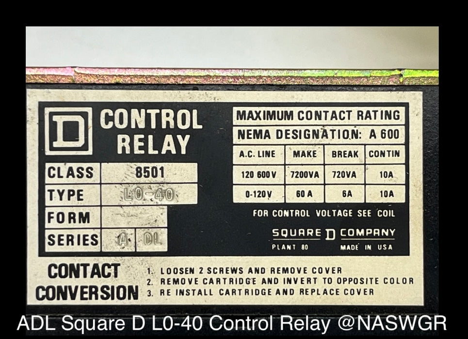 ADL ~ Square D ADL L0-40 Control Relay