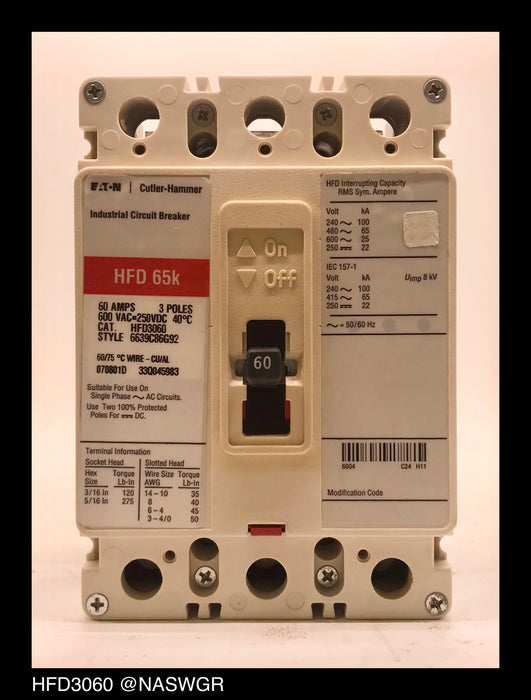 Eaton HFD3060 Molded Case Circuit Breaker - 60 Amp