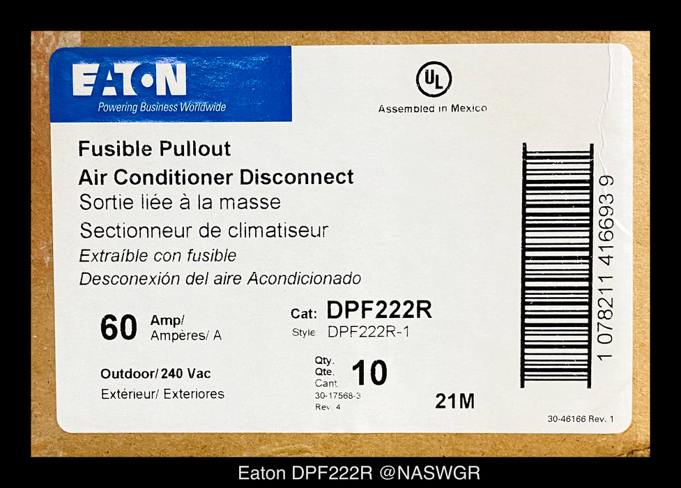 EATON DPF222R AIR CONDITIONER DISCONNECT FUSIBLE PULLOUT - 60 AMPS