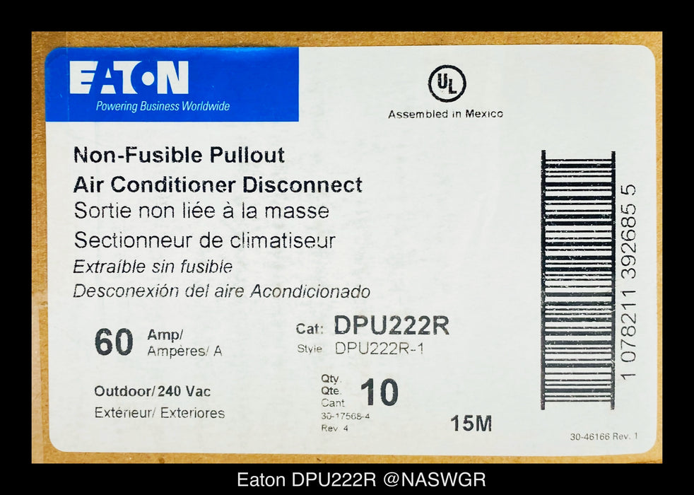 EATON DPU222R AIR CONDITIONER NON-FUSIBLE PULLOUT DISCONNECT - 60 AMPS