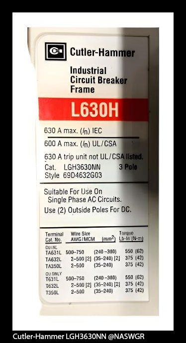 Cutler-Hammer LGH3630NN Molded Case Circuit Breaker ~ 600 Amp
