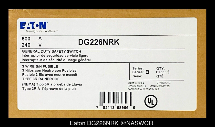Eaton DG226NRK General Duty Safety Switch - 600A/240V/2P/N3R - Unused