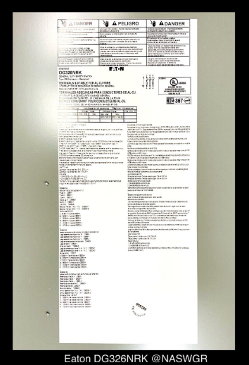 Eaton DG326NRK General Duty Safety Switch - 600A/240V/3P/N3R - Unused