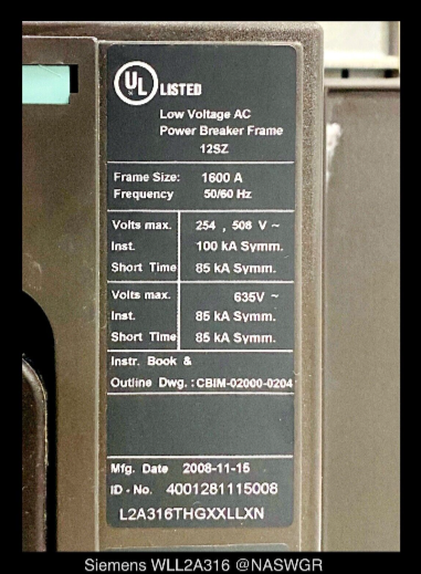 Siemens WL WLL2A316 Circuit Breaker (E/O,D/O) - 1600 Amp