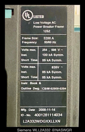 Siemens WL WLL2A332 Circuit Breaker (E/O,D/O) - 3000 Amp