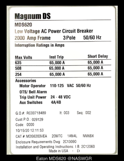 Eaton Magnum DS MDS620 Breaker (E/O,B/I) - 2000 Amp - Unused