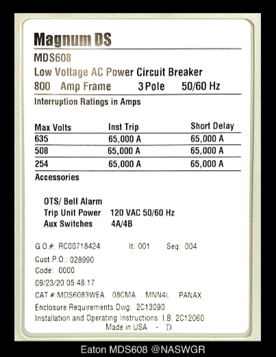 Eaton Magnum DS MDS608 Breaker (M/O,D/O) - 800 Amp - Unused