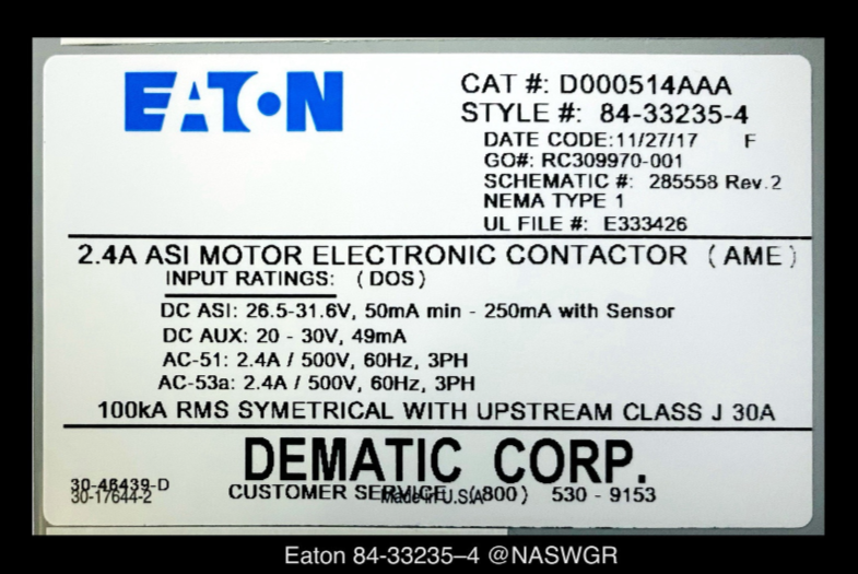 Eaton 84-33235-4 Enclosed Industrial Control Panel - 2.4A/480v/NEMA 1 - Unused
