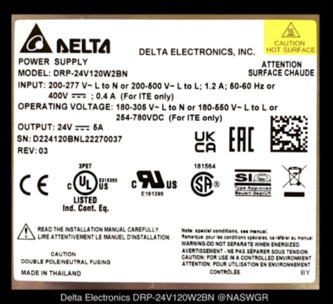 Delta Electronics DRP-24V120W2BN Power Supply - 200-277vAC - Unused