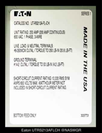 Eaton UTRS213AFLCH Meter Socket - 200A/600V/1P3W/4J/N3R - Unused