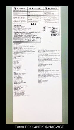 Eaton DG224NRK General Duty Safety Switch - 200A/240V/2P3W/N3R - Unused