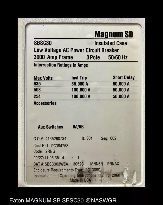 Eaton Magnum SB SBSC30 Circuit Breaker (M/O,D/O) - 3000 Amp