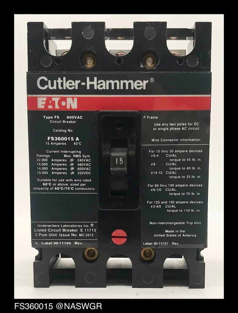 Cutler Hammer FS360015A Molded Case Circuit Breaker - 15 Amp-Tested/1Yr Warranty