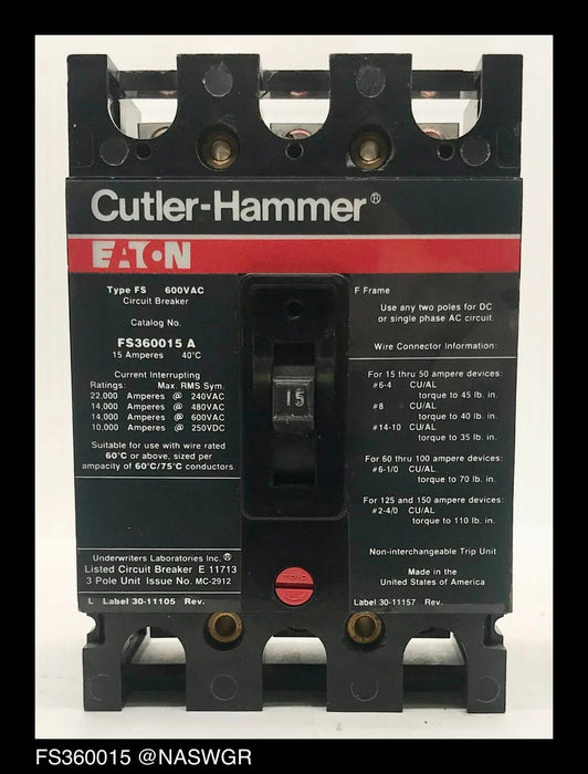 Cutler Hammer FS360015A Molded Case Circuit Breaker - 15 Amp-Tested/1Yr Warranty