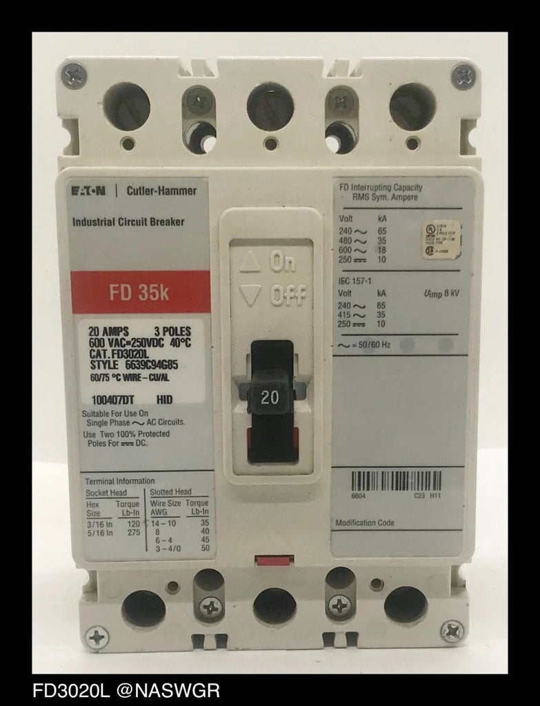 Eaton FD3020L Molded Case Circuit Breaker - 20 Amp - Tested/1Yr Warranty