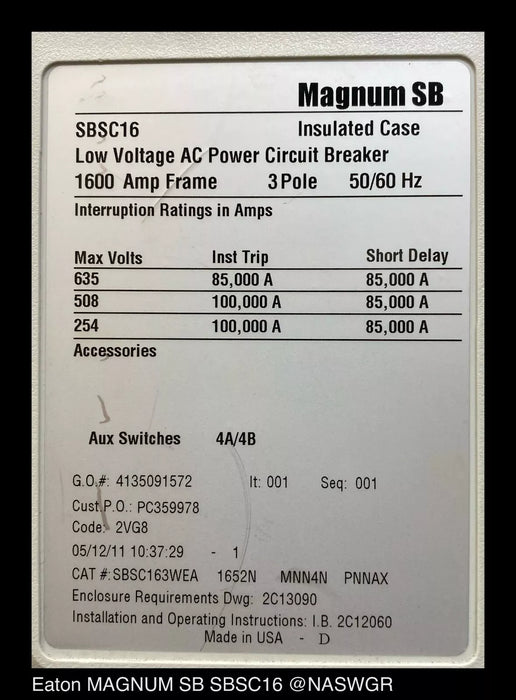 Eaton Magnum SB SBSC16 Circuit Breaker (M/O,D/O) - 1600 Amp