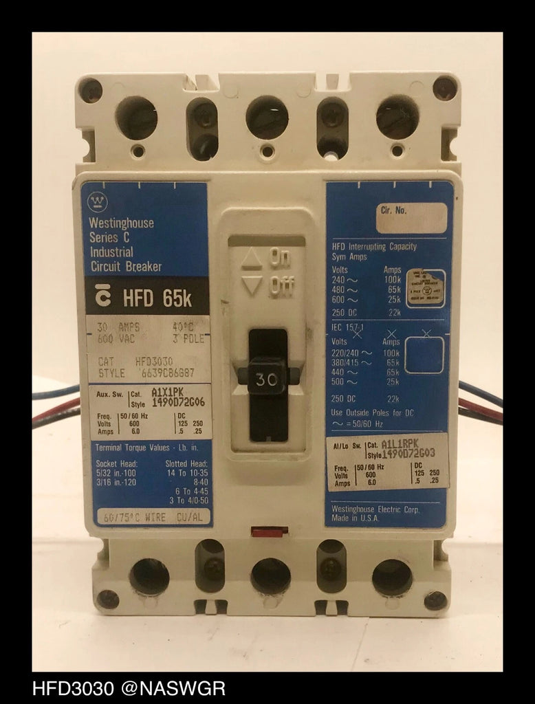 Westinghouse HFD3030 Molded Case Circuit Breaker w/ Aux&Al/Lo Switch - 30 Amp