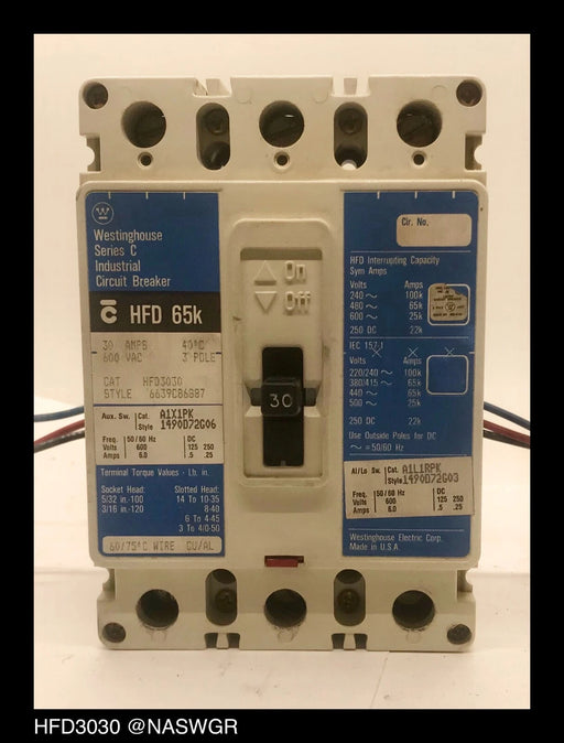 Westinghouse HFD3030 Molded Case Circuit Breaker w/ Aux&Al/Lo Switch - 30 Amp