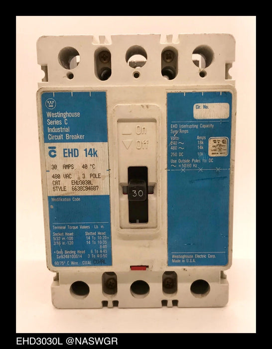 Westinghouse EHD3030L Molded Case Circuit Breaker - 30 Amp - Tested/1Yr Warranty