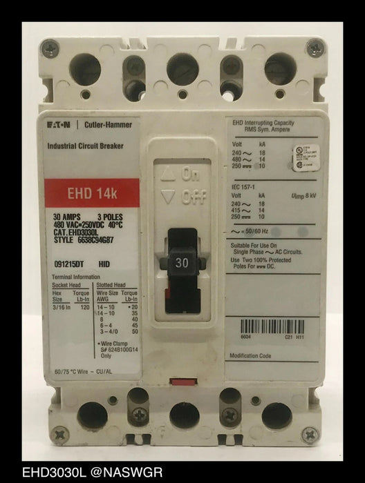 Eaton EHD3030L Molded Case Circuit Breaker - 30 Amp - Tested/1Yr Warranty