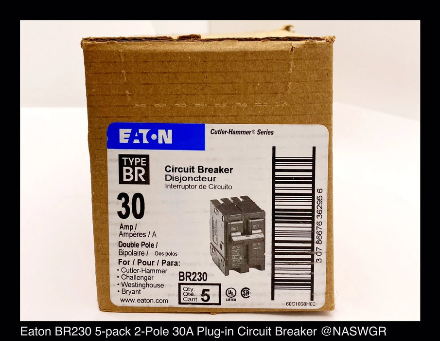 Eaton BR230 Molded Case Circuit Breaker - 2P-30 Amp - 5 Pack - Unused Surplus