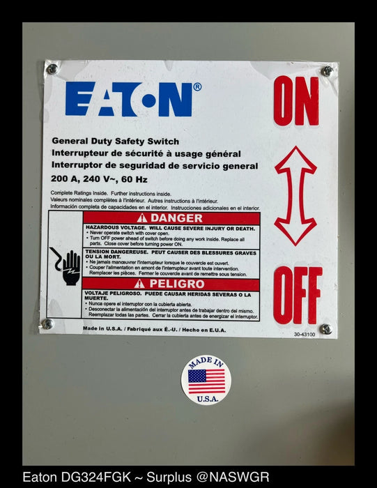 Eaton DG324FGK General Duty Safety Switch - 200A/240V/3P/N1 - Unused