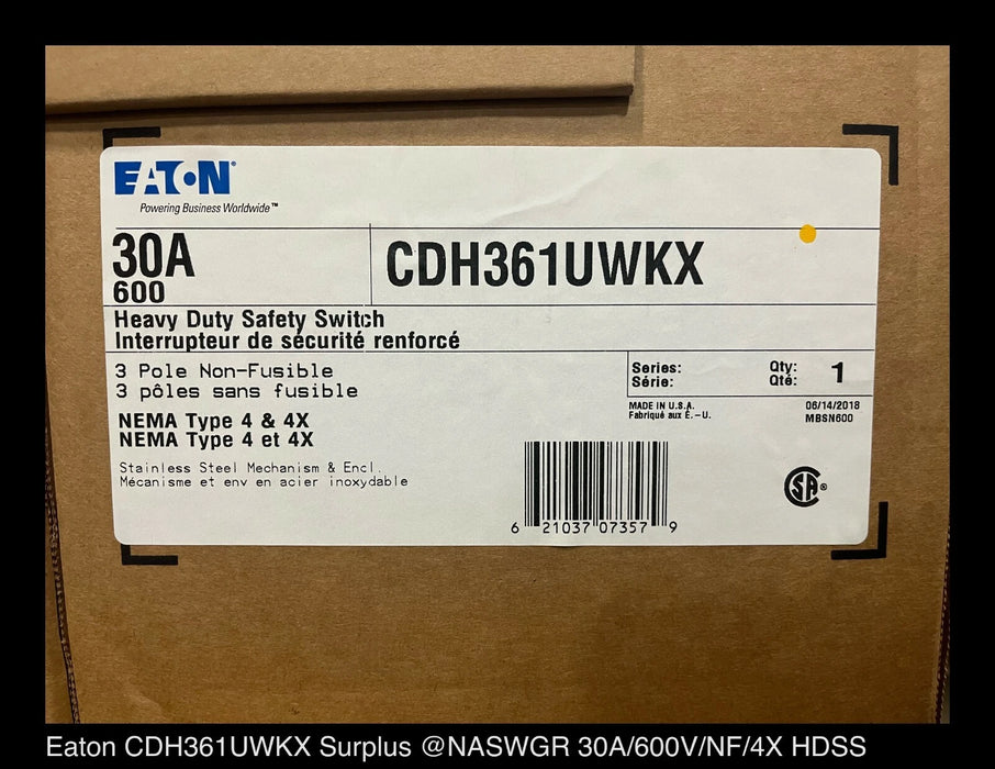 Chu361awk Eaton CDH361UWKX Heavy Duty Safety Switch - 30A/600V/3P/N4X - Unused ...