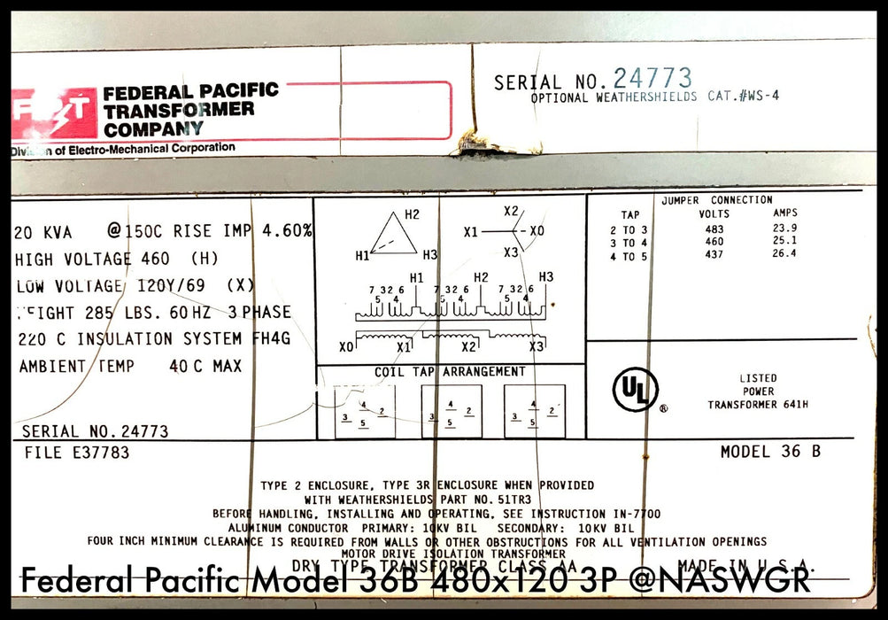 Federal Pacific Model 36B Dry Type Transformer — North American