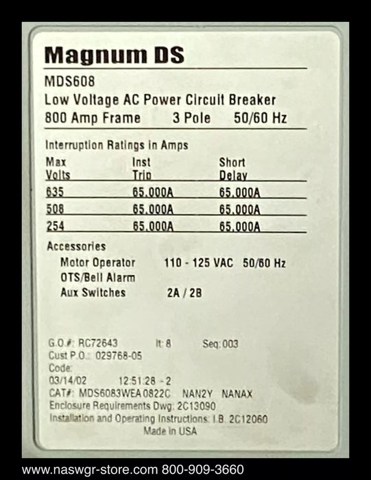 Eaton Magnum DS MDS608 Circuit Breaker (E/O,D/O) - 800 Amp