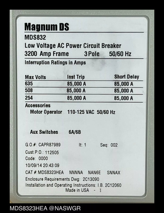 Eaton Magnum DS MDS832 Breaker (E/O,B/I) - 3200 Amp - Unused