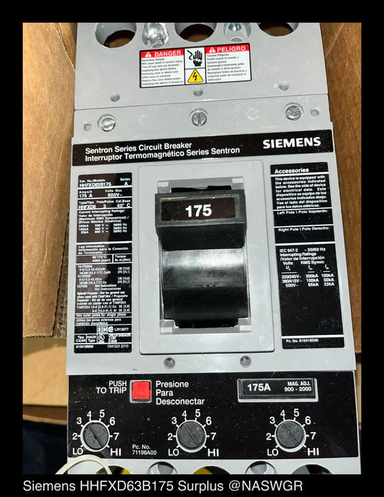 Siemens HHFXD63B175 Molded Case Circuit Breaker - 175 Amp - Unused