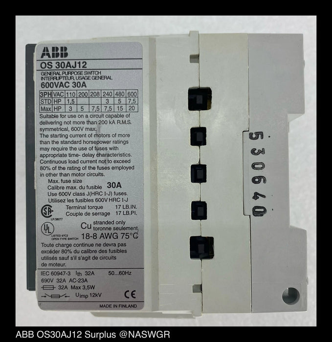 ABB Open Disconnects, POWERLINE Series ~ Item# OS30AJ12 - Unused Surplus
