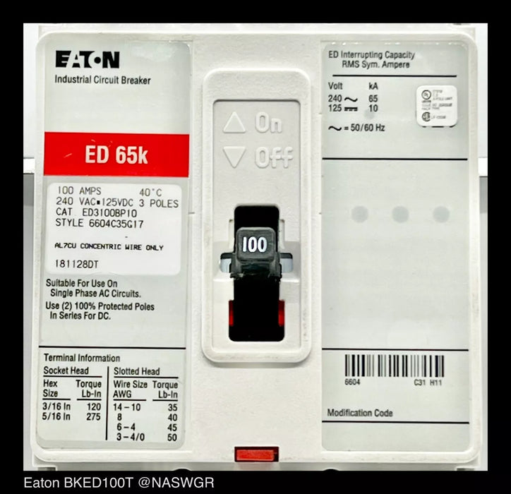 Eaton BKED100T Main or Subfeed Breaker Kit - 100 Amp - Unused Surplus ED3100BP10
