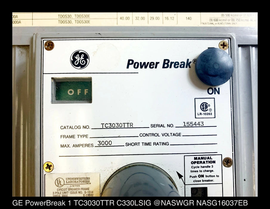 GE PowerBreak TC3030TTR Breaker (M/O,D/O) - 3000 Amp - Tested/1Yr Warranty