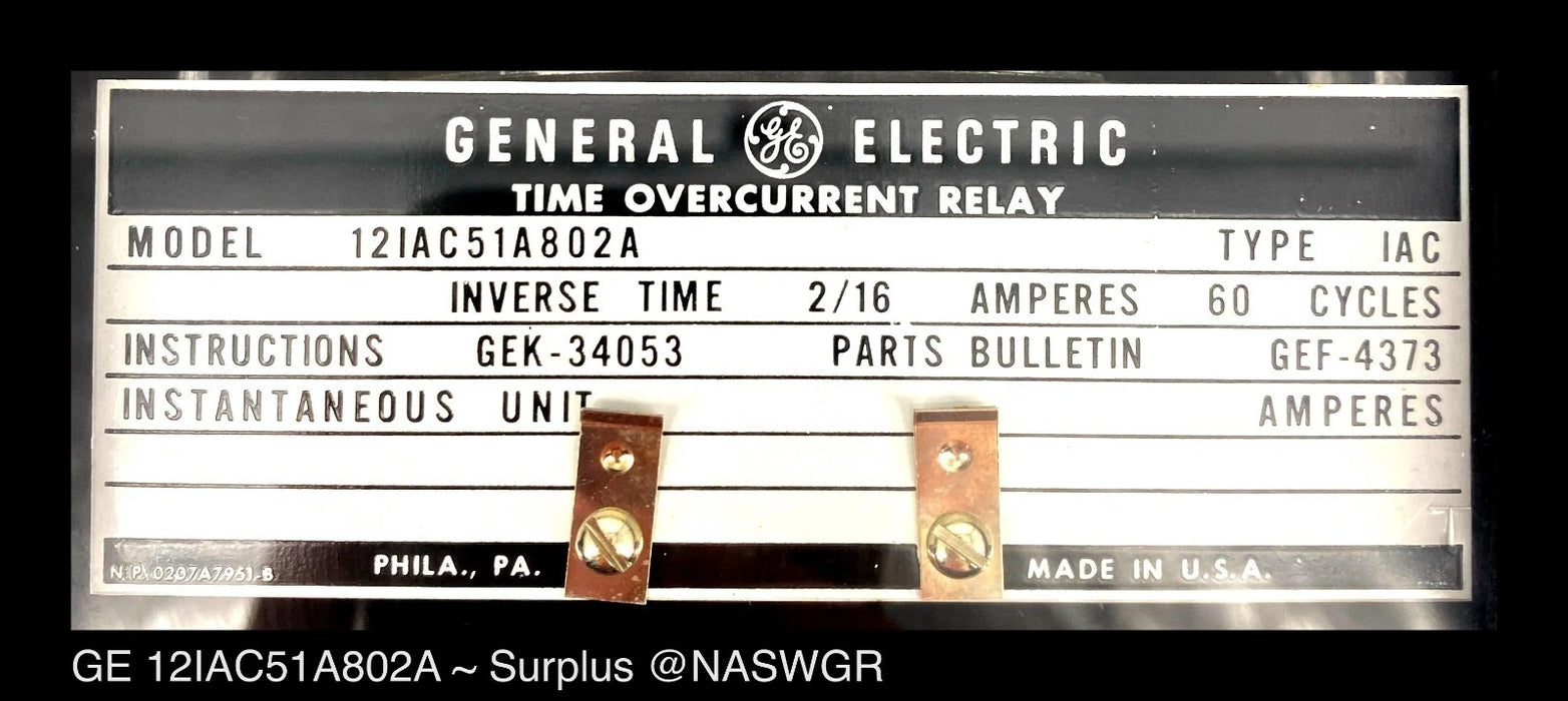 GE 12IAC51A802A Overcurrent Relay - 2/16 Amp - Tested/1Yr Warranty