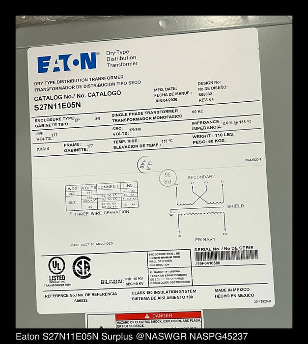 Eaton S27N11E05N General Purpose Encapsulated Transformer - 5kVA - Unused