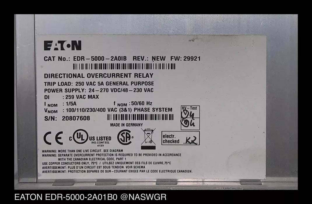 EATON EDR-5000-2A01B0 Directional Overcurrent Relay - 65D1004G31 Surplus