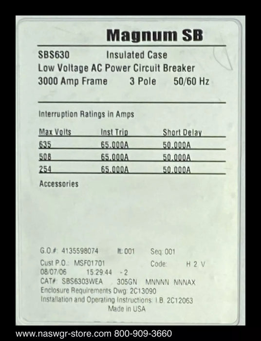 Eaton Magnum SB SBS630WEA Breaker (M/O,D/O) - 3000 Amp