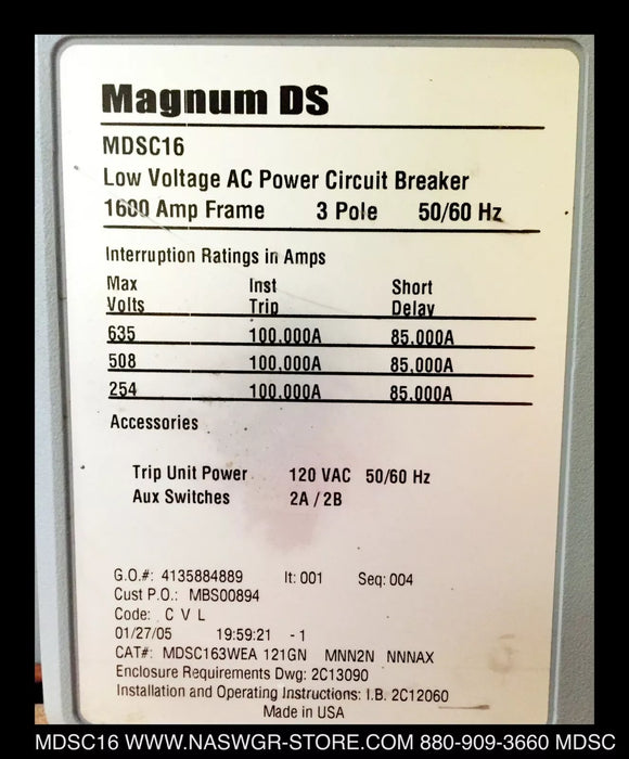 Eaton Magnum DS MDSC16 Circuit Breaker (M/O,D/O) - 1200 Amp