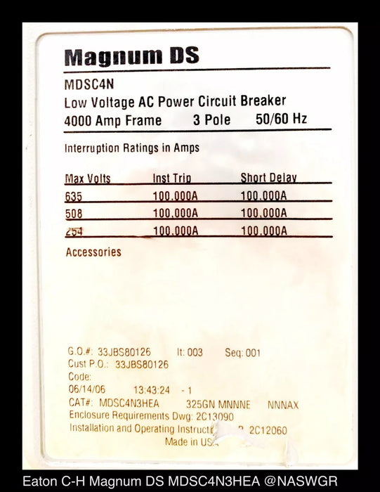 Eaton Magnum DS MDSC4N Breaker (M/O,B/I) - 3200 Amp - Tested/1Yr Warranty