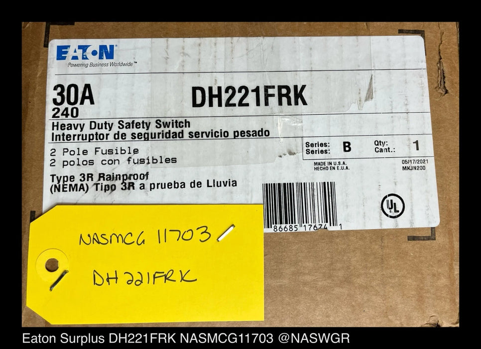 Eaton DH221FRK Heavy Duty Safety Switch - 30A/240V/2P/N3R - Unused