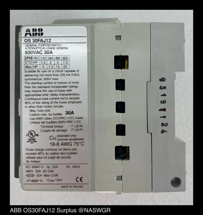 ABB OS30FAJ12 POWERLINE Series, Item# OS30FAJ12 - Disconnect Switch
