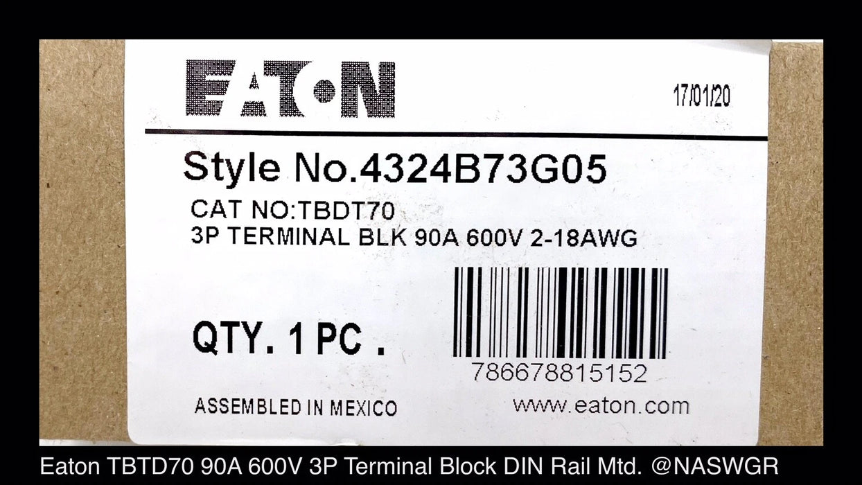 Eaton TBDT70 3P Terminal Block 90A 600V - Surplus - Sold in Groups of 3 Pcs.