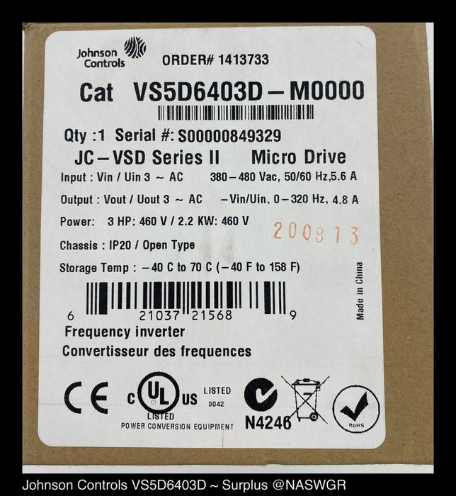 Johnson Controls VS5D6403D-M0000 HVAC Drives 3HP VSD II Micro Drive Series