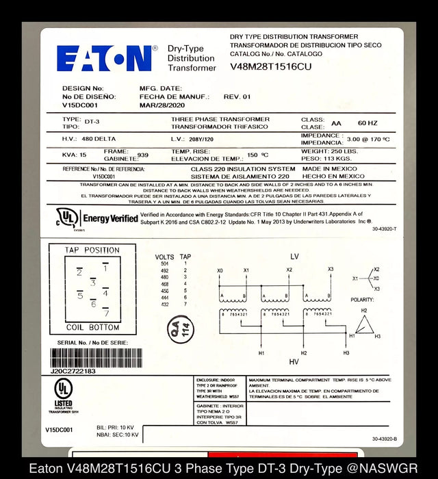 Eaton V48M28T1516CU Energy Efficient Transformer - 480:208Y/120v, 15kVA - Unused
